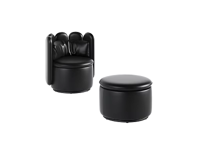 Stylish Black Leather Single Sofa With Matching Round Ottoman Modern Design 3d model