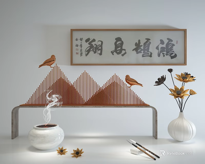 Chinese Traditional Decorative Ornament Set with Calligraphy Painting Bird Figurines Mountain Decor Incense Burner Vase 3d model 