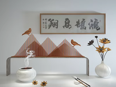 Chinese Traditional Decorative Ornament Set with Calligraphy Painting Bird Figurines Mountain Decor Incense Burner Vase 3d model