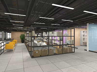 Contemporary Interior Space Featuring Metal Shelving Cardboard Boxes Yellow Chairs Black Ceiling And Linear Lights 3d model