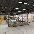 Contemporary Interior Space Featuring Metal Shelving Cardboard Boxes Yellow Chairs Black Ceiling And Linear Lights