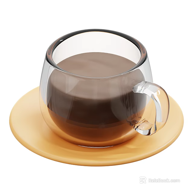 Brown Creamy Beverage in Round Transparent Glass Mug on Yellow Saucer 3d model 