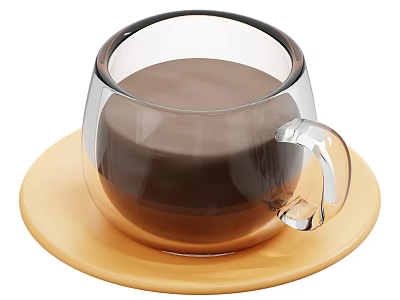 Brown Creamy Beverage in Round Transparent Glass Mug on Yellow Saucer 3d model