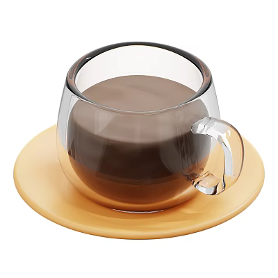 Brown Creamy Beverage in Round Transparent Glass Mug on Yellow Saucer 3d model