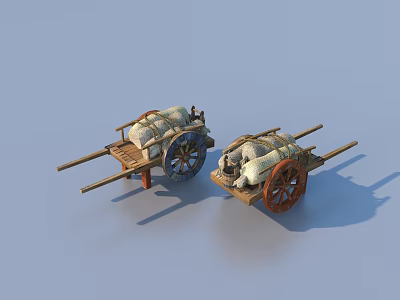 Traditional Wooden Hand Carts With Two Colored Wheels And Loaded Goods 3d model