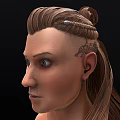 Game and Movie Character With Long Braided Hair Bun And Red Eyes Front Side Views