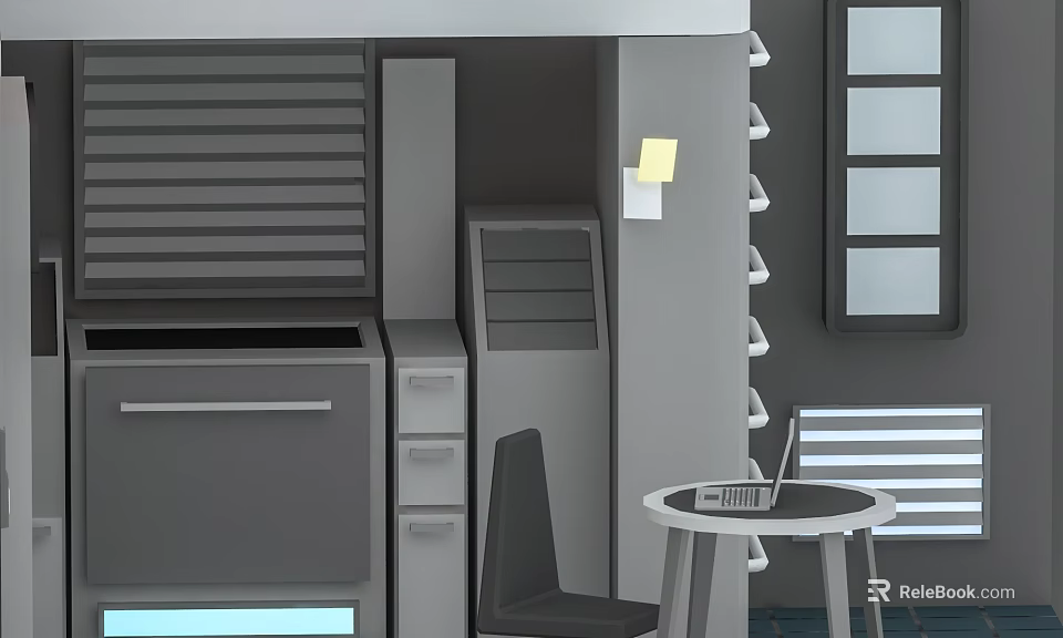 Modern Gray Tone Dining Table Set With Chair Storage Cabinets Drawers Shelves And Window 3d model 