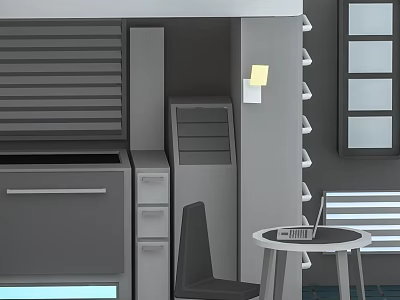 Modern Gray Tone Dining Table Set With Chair Storage Cabinets Drawers Shelves And Window 3d model