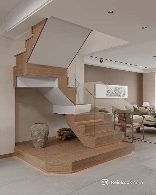 Modern Interior Design With Wooden Staircase Glass Railing Sofa And Wall Art 3d model 