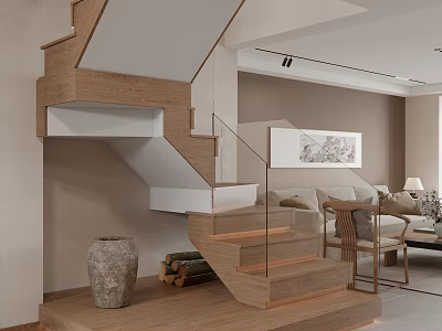 Modern Interior Design With Wooden Staircase Glass Railing Sofa And Wall Art 3d model