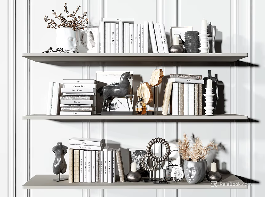 Decorative Ornament Set With Shelves Books Vase Sculpture Photo Frame Dried Flowers 3d model 