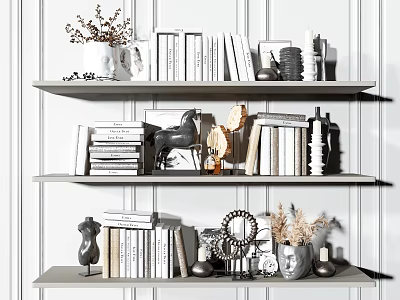 Decorative Ornament Set With Shelves Books Vase Sculpture Photo Frame Dried Flowers 3d model
