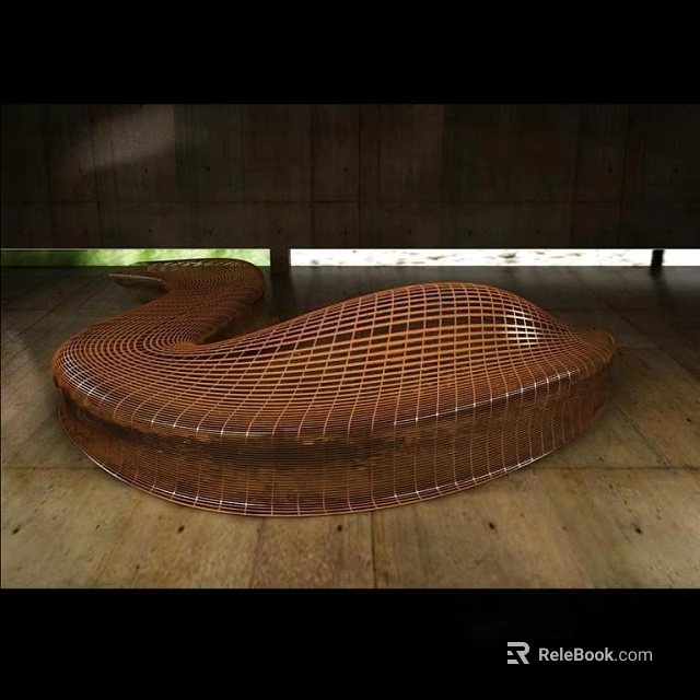 Public Chair With Woven Structure And Curved Design In Indoor Wooden Floor Setting 3d model 