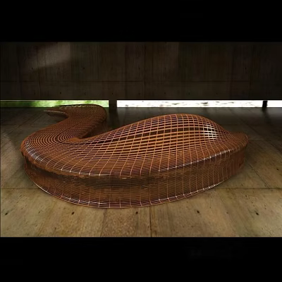 Public Chair With Woven Structure And Curved Design In Indoor Wooden Floor Setting 3d model