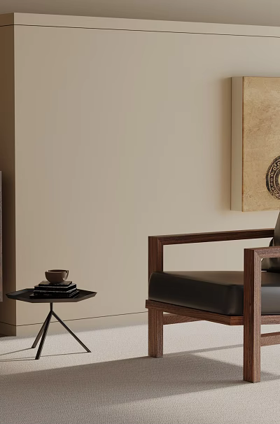 Wooden Framed Accent Chair Black Cushion In Neutral Interior With Side Table And Wall Art 3d model