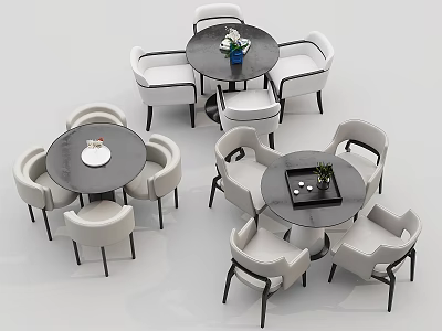 Modern Round Dining Table Sets With White Chairs Black Tabletops And Decorative Plants 3d model