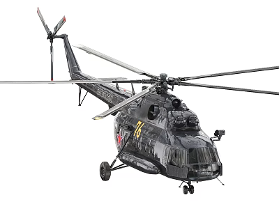 Dark Colored Military Helicopter With Red Emblem Number 14 And Rotors 3d model