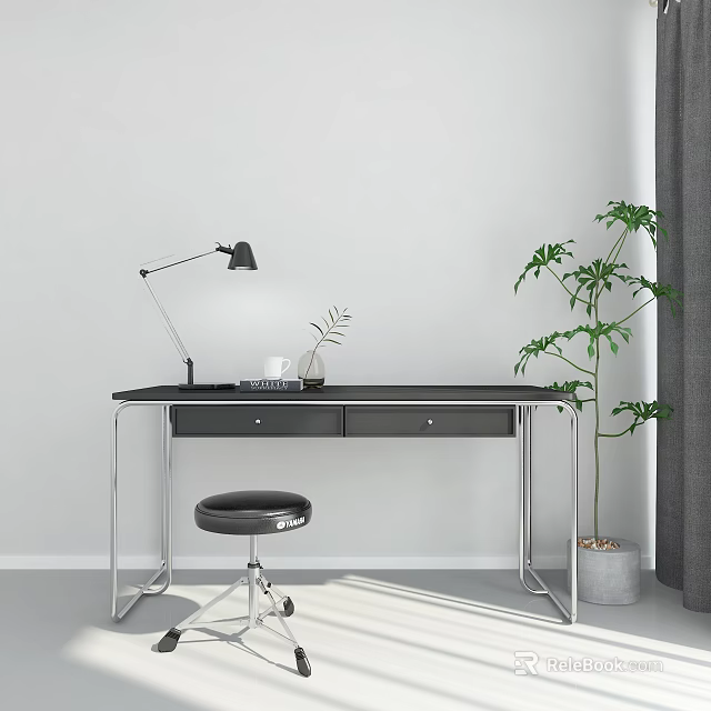 Modern Black Desk With Metal Frame Table Lamp And Potted Plant 3d model 