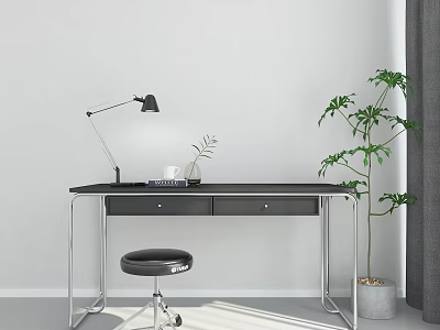 Modern Black Desk With Metal Frame Table Lamp And Potted Plant 3d model