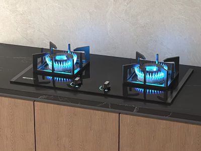 Modern Kitchen Gas Stove With Blue Flames On Black Countertop And Wooden Cabinets 3d model