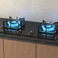 Modern Kitchen Gas Stove With Blue Flames On Black Countertop And Wooden Cabinets