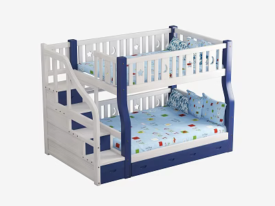 White and Blue Kids Bunk Bed with Staircase Guardrails and Colorful Patterned Mattress 3d model