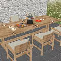 Wooden Outdoor Table With Matching Chairs Cushioned Seats Teapot Fruits Tray Near Brick Wall Greenery