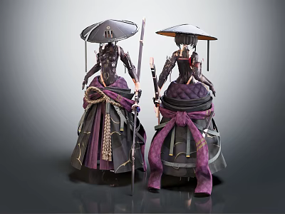 Traditional Oriental Female Fantasy Characters In Purple Attire Holding Umbrella And Weapon Staff 3d model