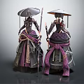 Traditional Oriental Female Fantasy Characters In Purple Attire Holding Umbrella And Weapon Staff