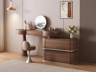 Modern Wooden Dressing Table Interior With Round Mirror Stool Cosmetics And Flower Vase 3d model
