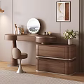 Modern Wooden Dressing Table Interior With Round Mirror Stool Cosmetics And Flower Vase