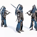 Game and Movie Character in Armored Blue Cloth Outfit With Sword in Three Different Poses
