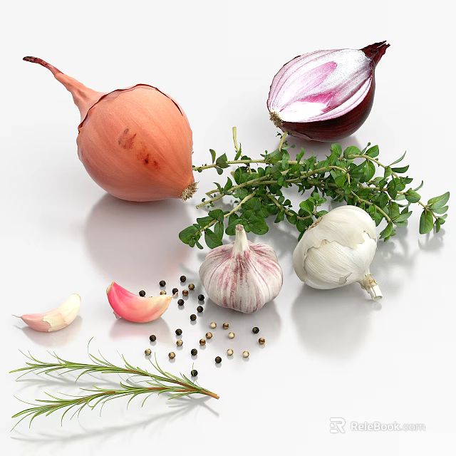 Organic Fresh Vegetables Display With Onion Garlic Thyme Rosemary And Peppercorns 3d model 