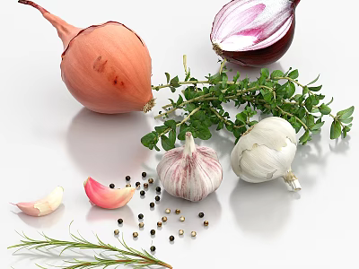 Organic Fresh Vegetables Display With Onion Garlic Thyme Rosemary And Peppercorns 3d model
