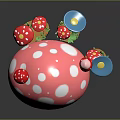 Cartoon Mushroom House Scene With Pink White Spots Red Door Small Window And Flowers