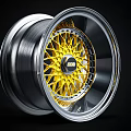 Stylish Automotive Tire Wheel Rim With Silver Outer Ring Yellow Center And Black Pattern Design