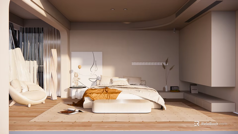 Cozy Modern Bedroom Interior With Light Tones Large Bed White Orange Bedding And Decorative Painting 3d model 