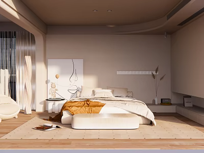 Cozy Modern Bedroom Interior With Light Tones Large Bed White Orange Bedding And Decorative Painting 3d model