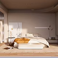 Cozy Modern Bedroom Interior With Light Tones Large Bed White Orange Bedding And Decorative Painting
