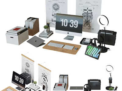 Desktop Computer Setup With Monitor Keyboard Mouse Digital Clock And Office Accessories 3d model