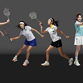 Women Playing Badminton in Sportswear with Rackets Various Dynamic Poses on Gray Background