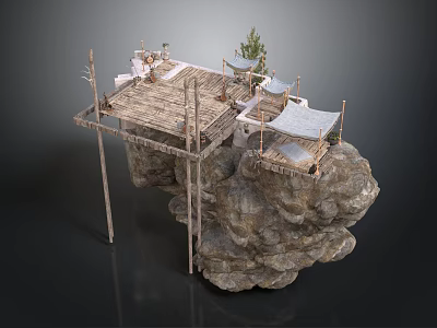 Wooden Platform Structure On Rock Base With Canopy Railing And Plants 3d model