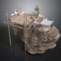 Wooden Platform Structure On Rock Base With Canopy Railing And Plants