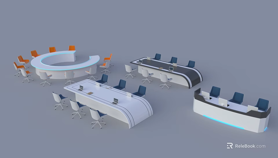 Modern Circular And Rectangular Conference Tables With Orange And Blue Office Chairs 3d model 