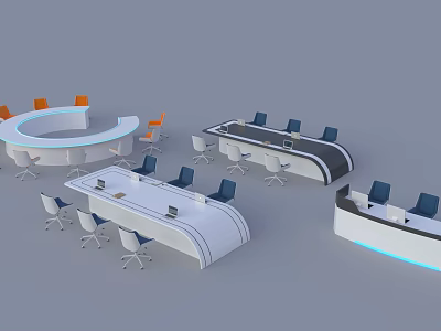 Modern Circular And Rectangular Conference Tables With Orange And Blue Office Chairs 3d model