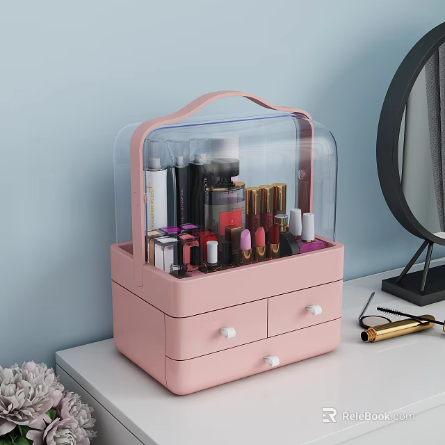 Pink Cosmetic Storage Organizer with Transparent Lid and Drawers for Perfume Lipsticks and Makeup Brushes 3d model 