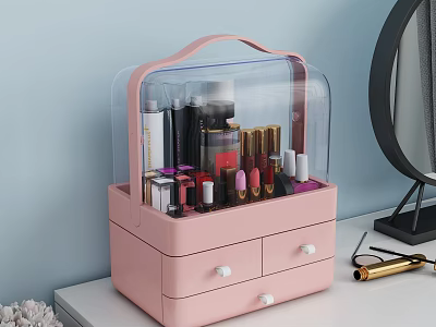 Pink Cosmetic Storage Organizer with Transparent Lid and Drawers for Perfume Lipsticks and Makeup Brushes 3d model