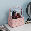 Pink Cosmetic Storage Organizer with Transparent Lid and Drawers for Perfume Lipsticks and Makeup Brushes