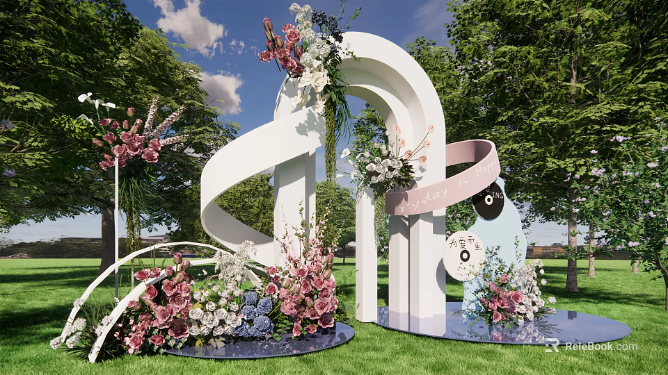 Outdoor Heart Shaped Arch With Pink White Flowers Ribbon And Floral Decorations On Grassy Lawn 3d model 