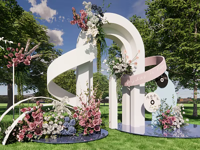 Outdoor Heart Shaped Arch With Pink White Flowers Ribbon And Floral Decorations On Grassy Lawn 3d model
